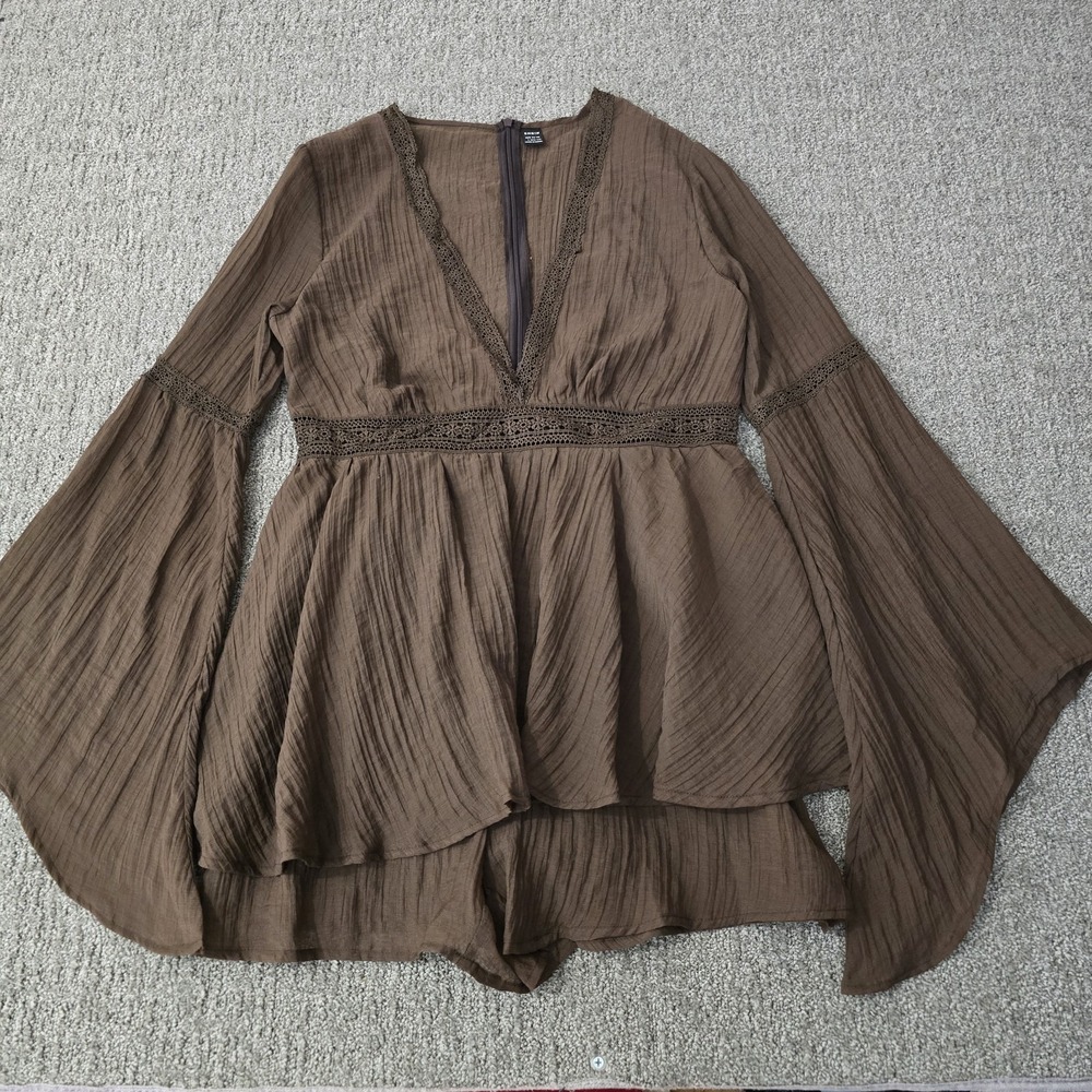 SHEIN Womens L Brown Gauze Romper High Low Overlay Whimsigoth Fairycore